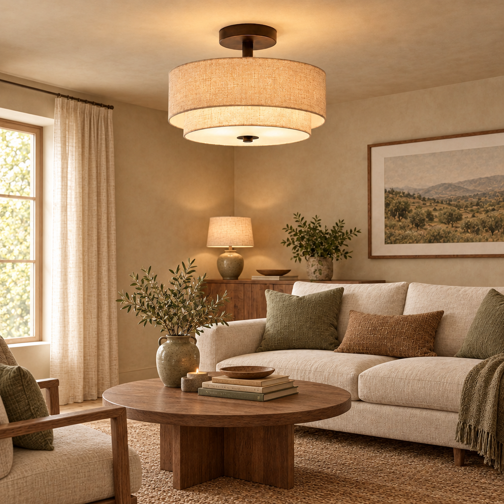 Double drum linen ceiling light in a cosy living room