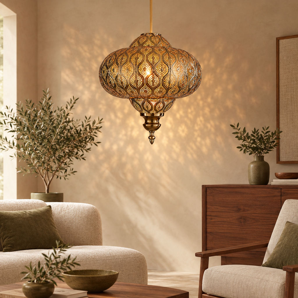 Silver Moroccan fretwork ceiling shade glowing warmly