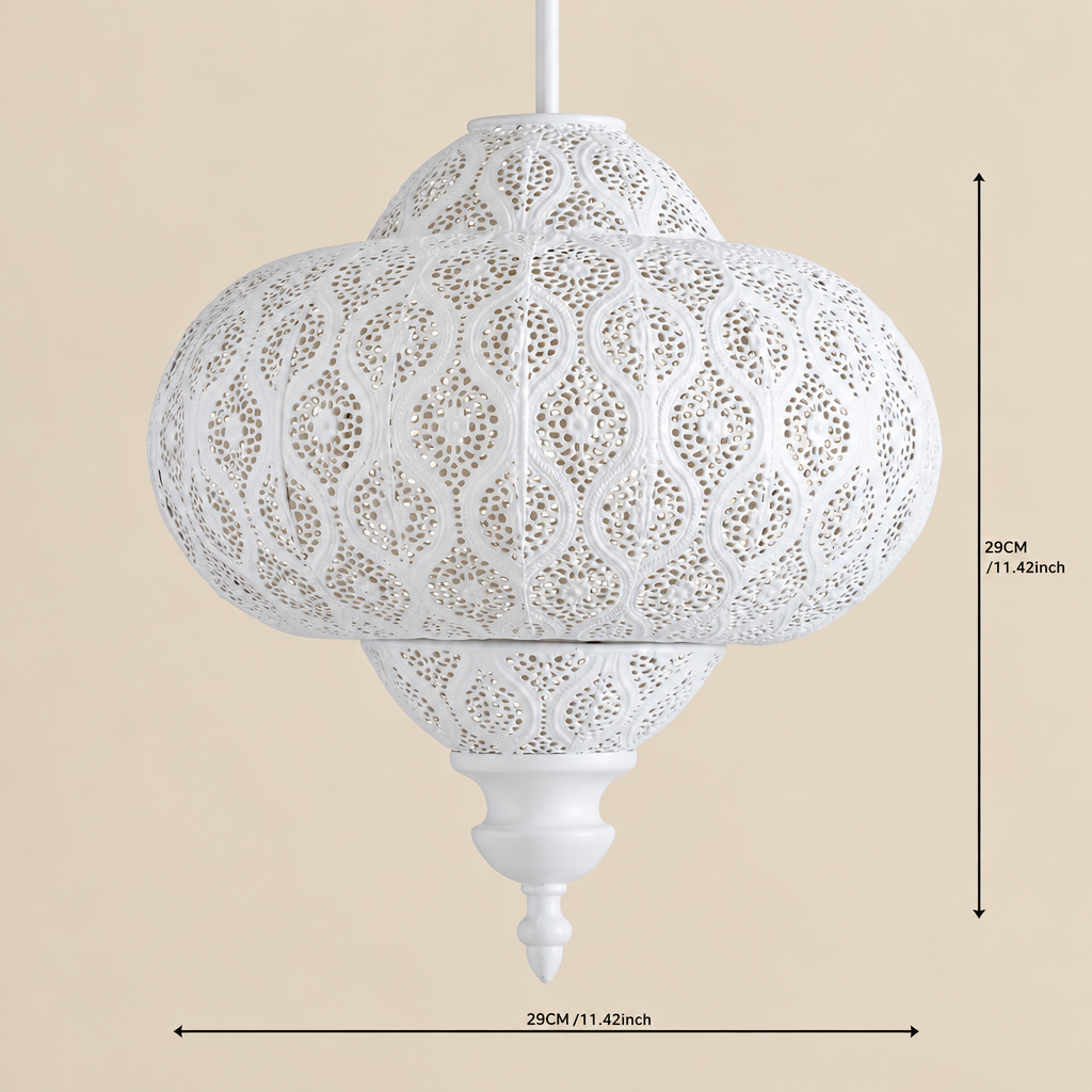 White fretwork ceiling shade with dimensions