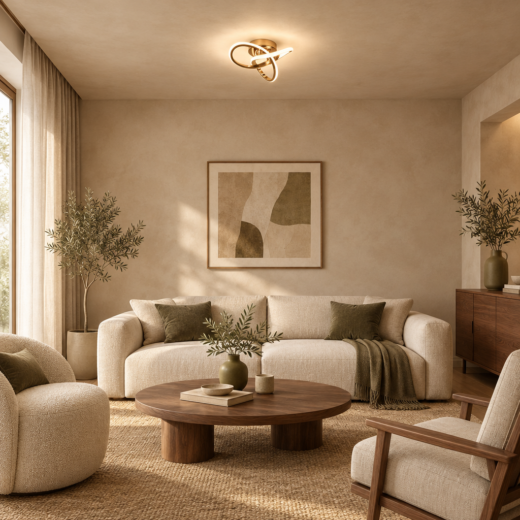 Gold knot LED ceiling light in a calm sitting room