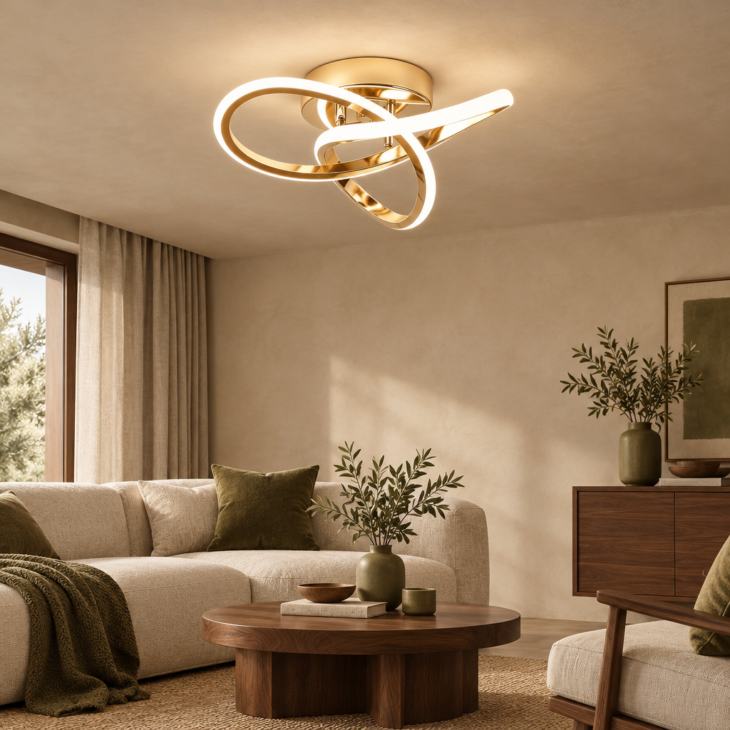 Gold knot LED ceiling light in a warm living room