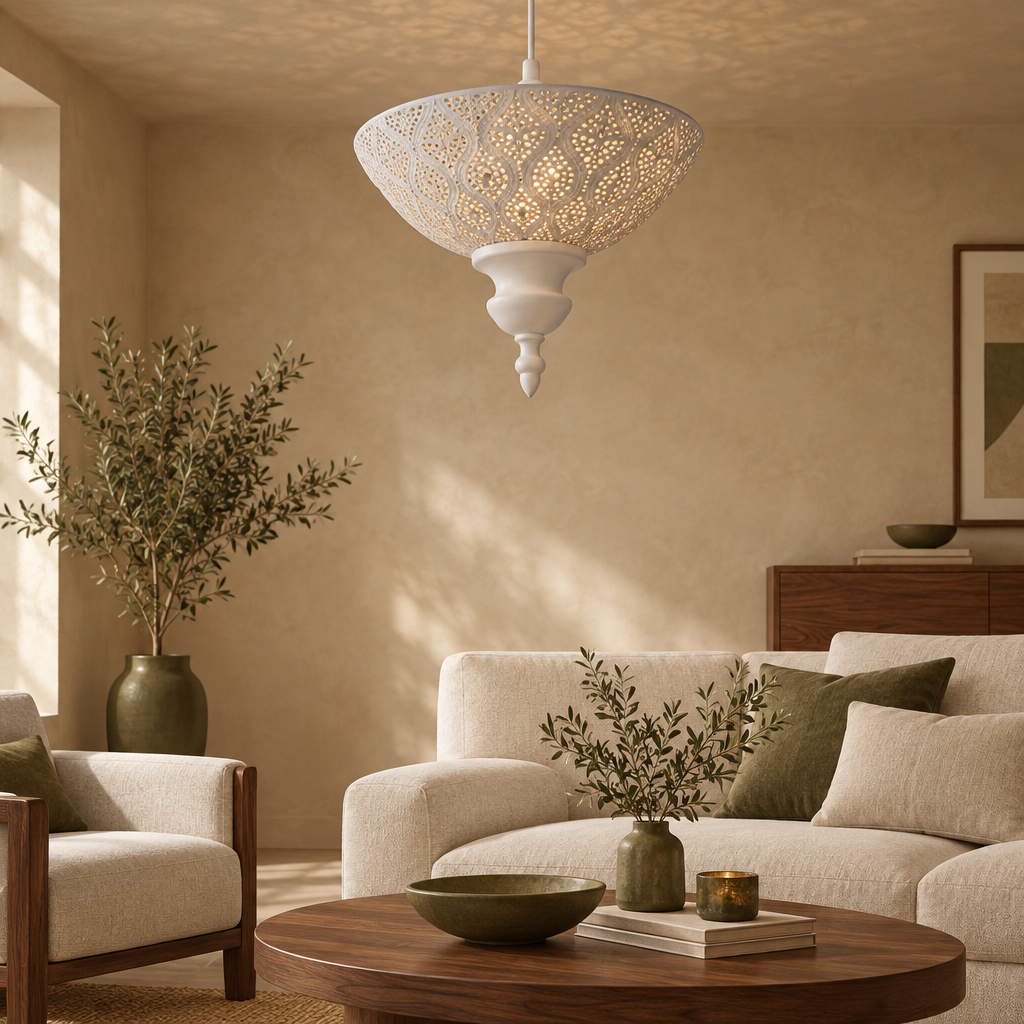 Close-up of the white Moroccan fretwork shade