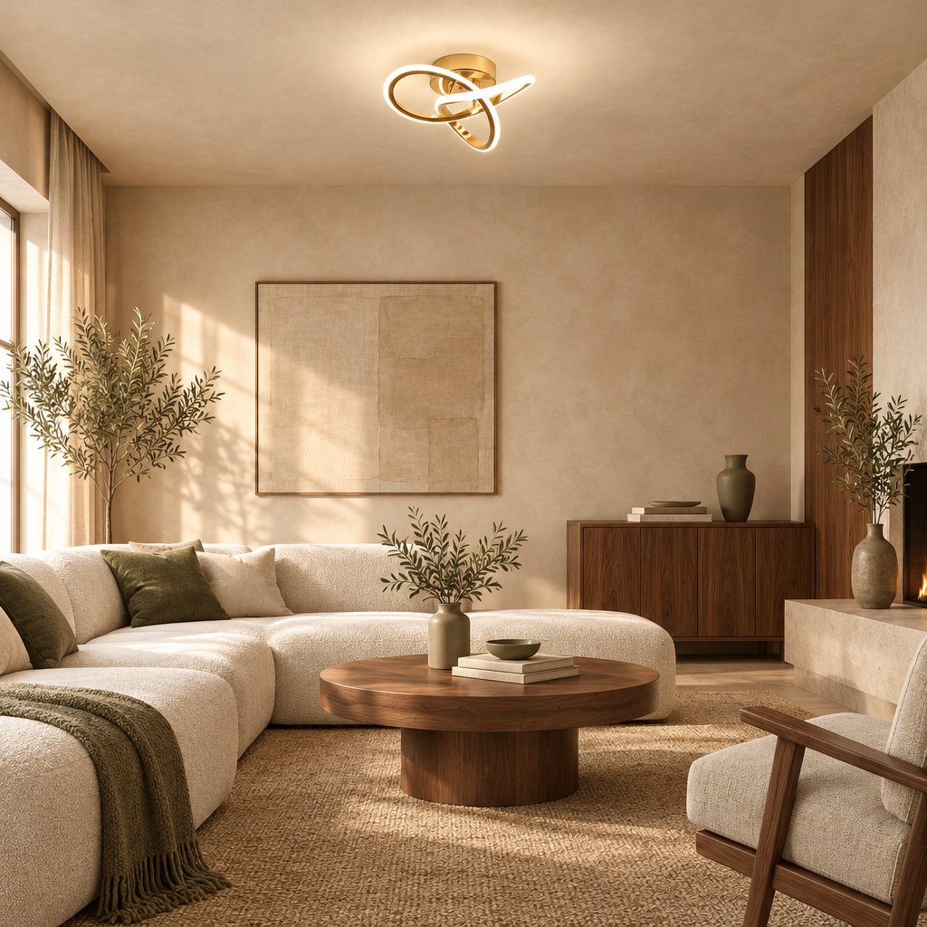 Gold knot LED ceiling light in a beige room with walnut furniture