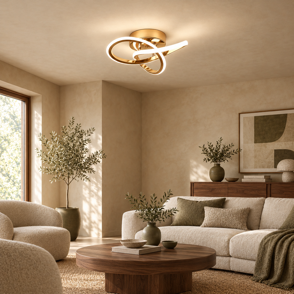 Gold knot LED ceiling light in a calm living room