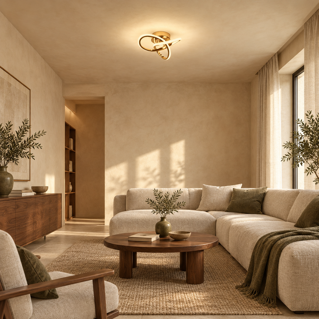 Gold knot LED ceiling light in a warm lounge
