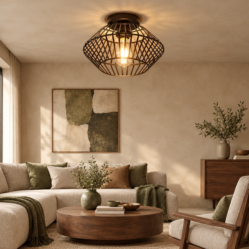 Geometric cage ceiling light in a warm living room