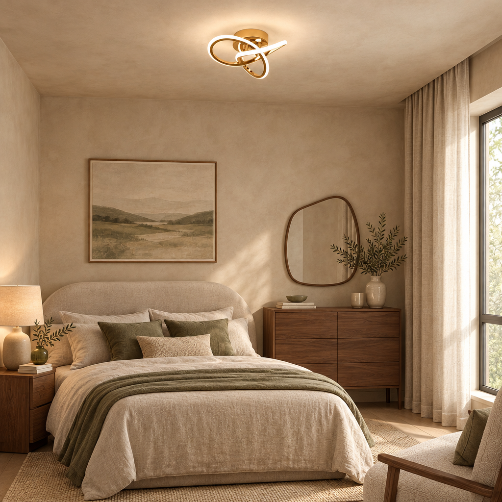 Gold knot LED ceiling light in a living room with linen sofa