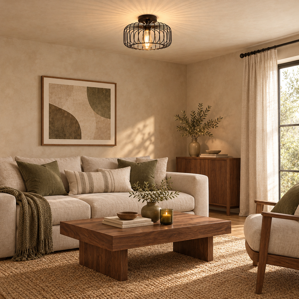 Black wire cage ceiling light in a calm living room