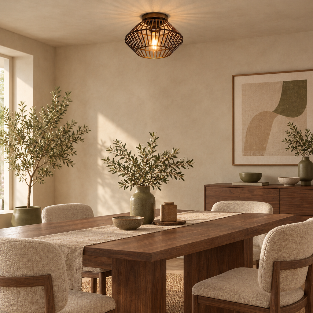 Geometric cage ceiling light above a walnut table
