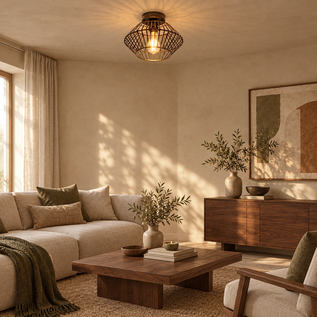 Geometric cage ceiling light in a living room with linen sofa