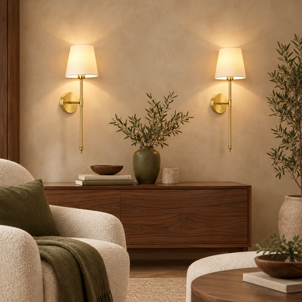 Set of 2 gold cordless wall lights with white fabric shades