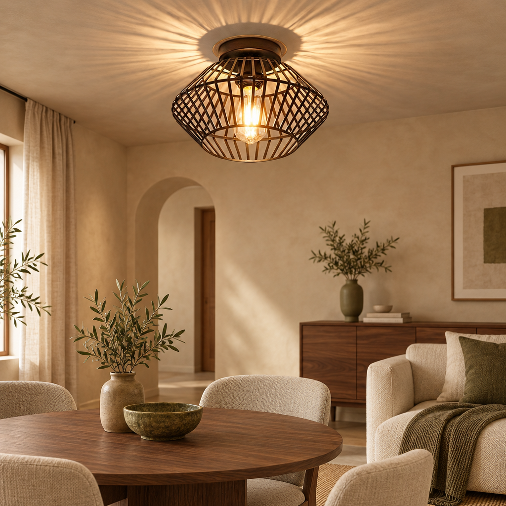 Geometric cage ceiling light in a calm room