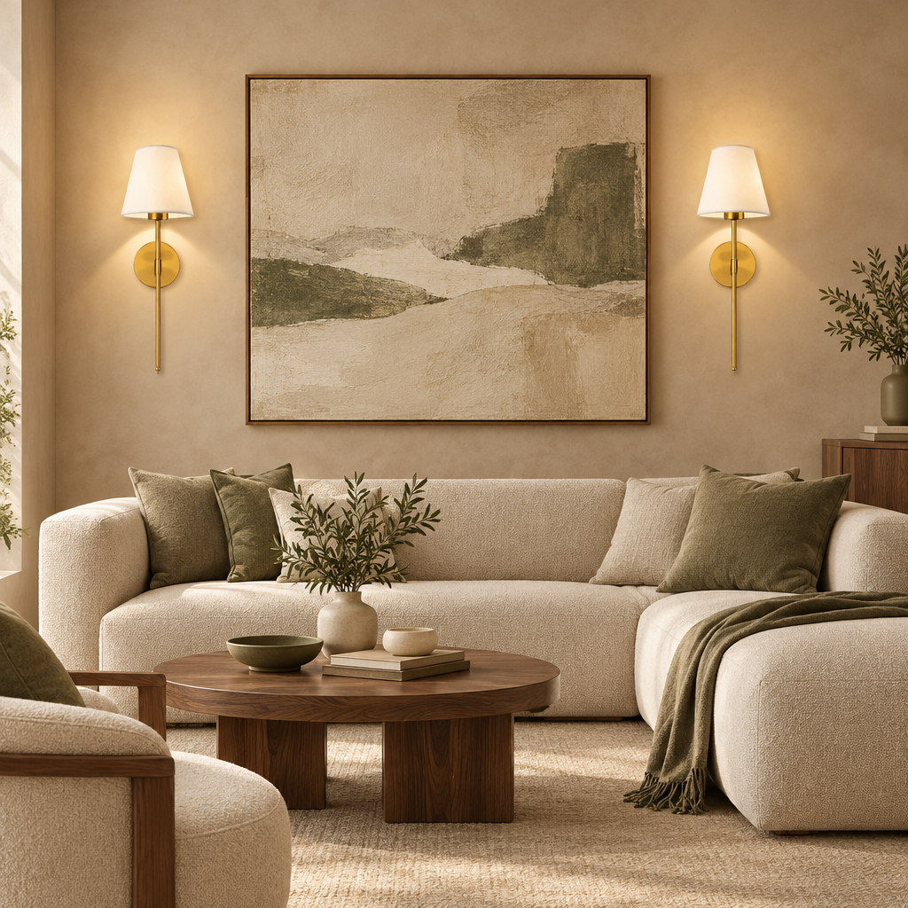 Pair of gold fabric-shade wall lights in a warm living room