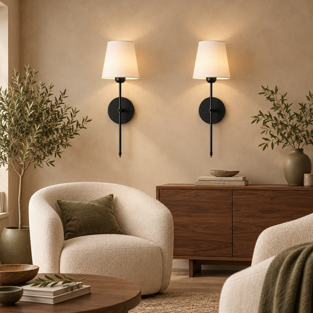 Set of 2 black cordless wall lights with white fabric shades