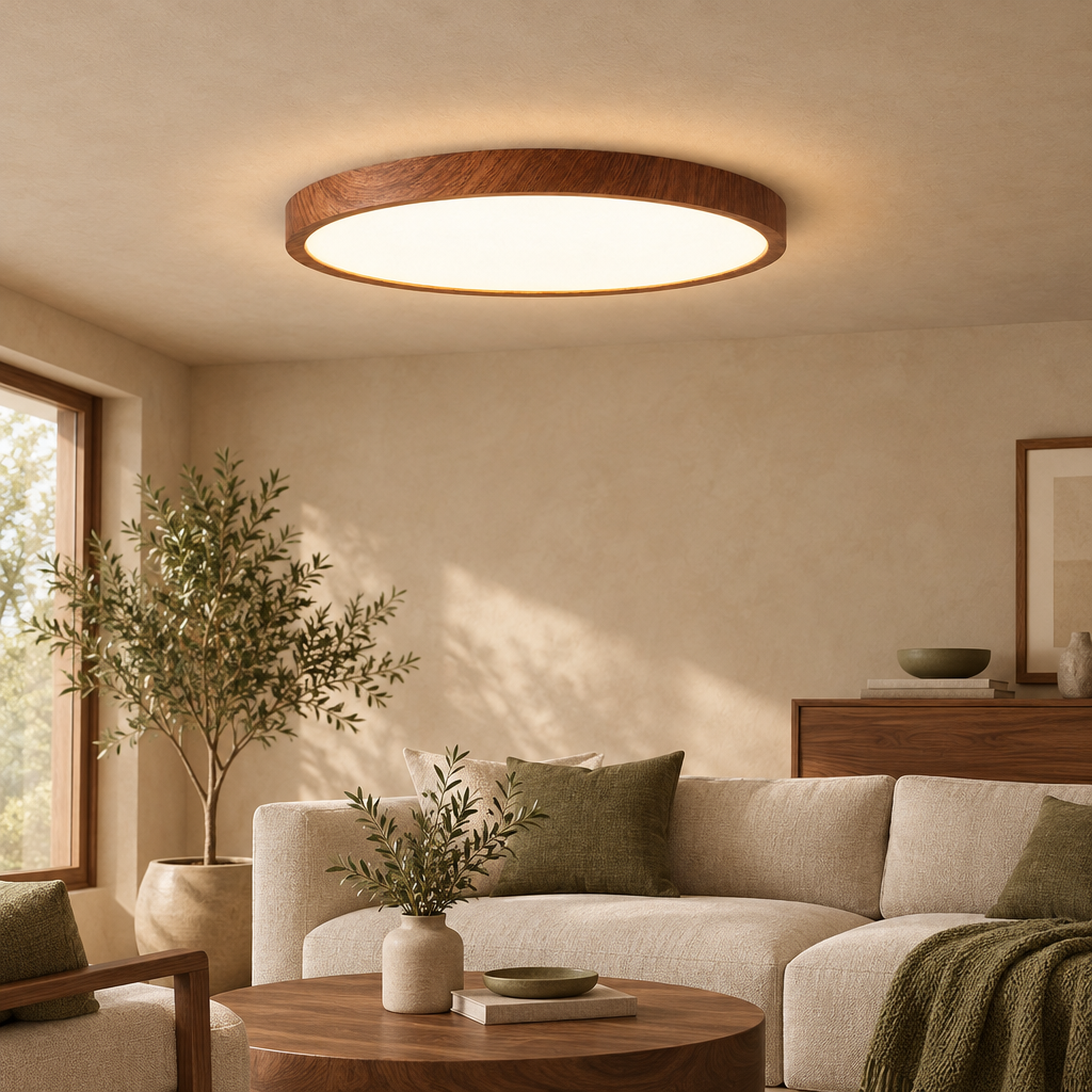 Ultra-slim walnut LED ceiling light in a warm living room