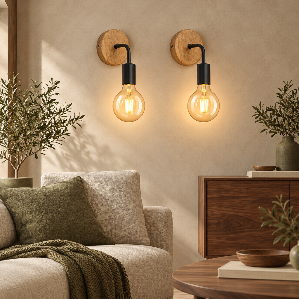 Set of 2 wooden wall lights with globe filament bulbs
