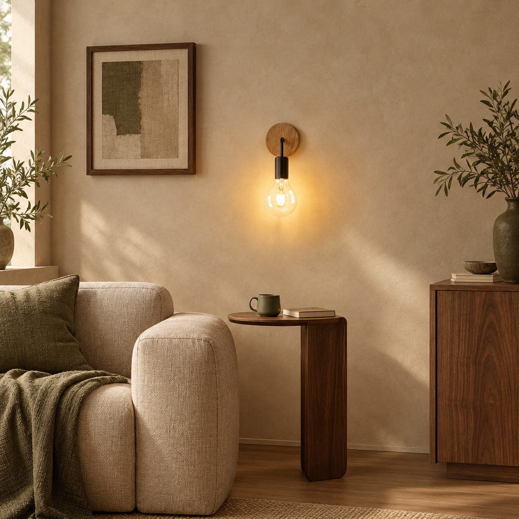 Wooden wall light glowing above a linen armchair