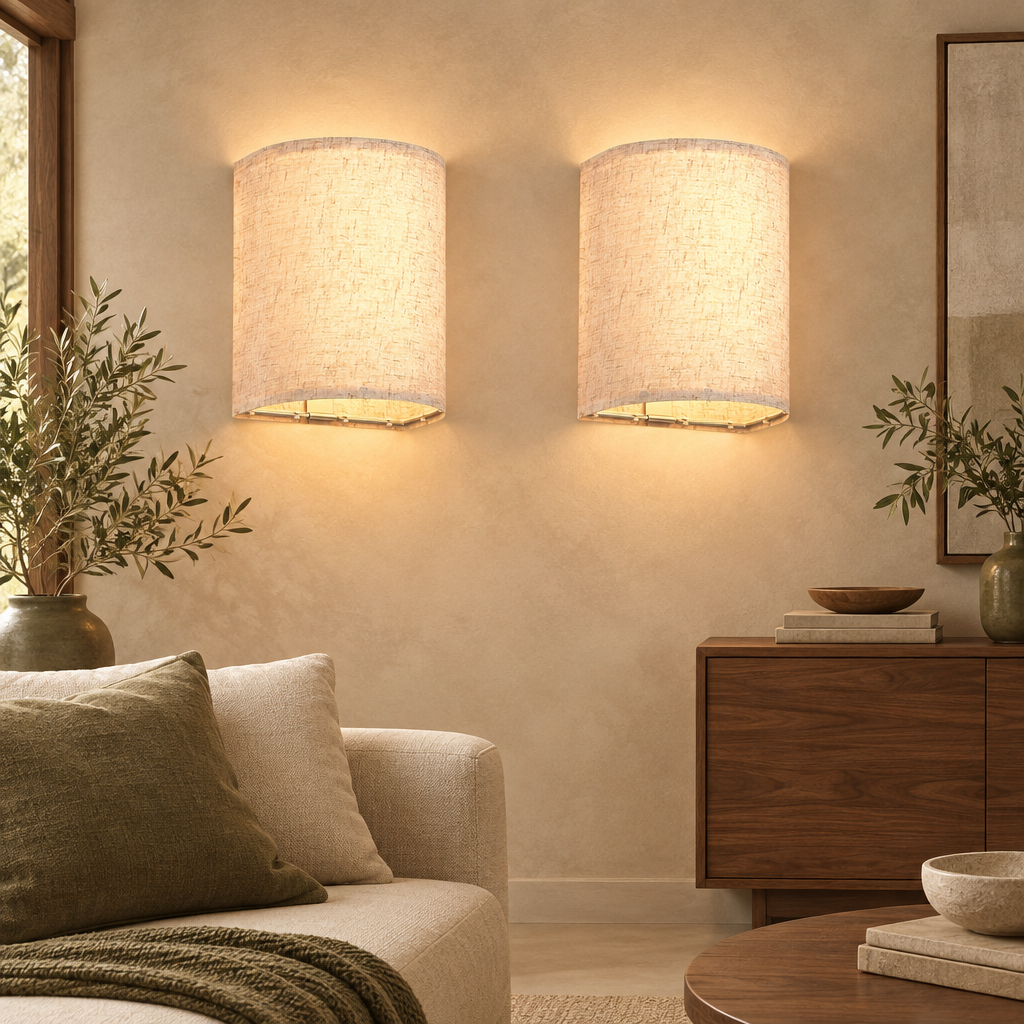 Linen-shade wall lights glowing on a warm beige wall