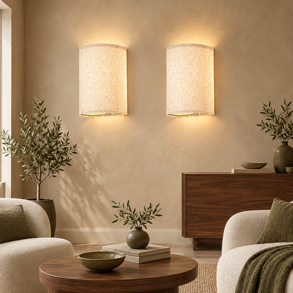 Set of 2 linen-shade rechargeable wall lights