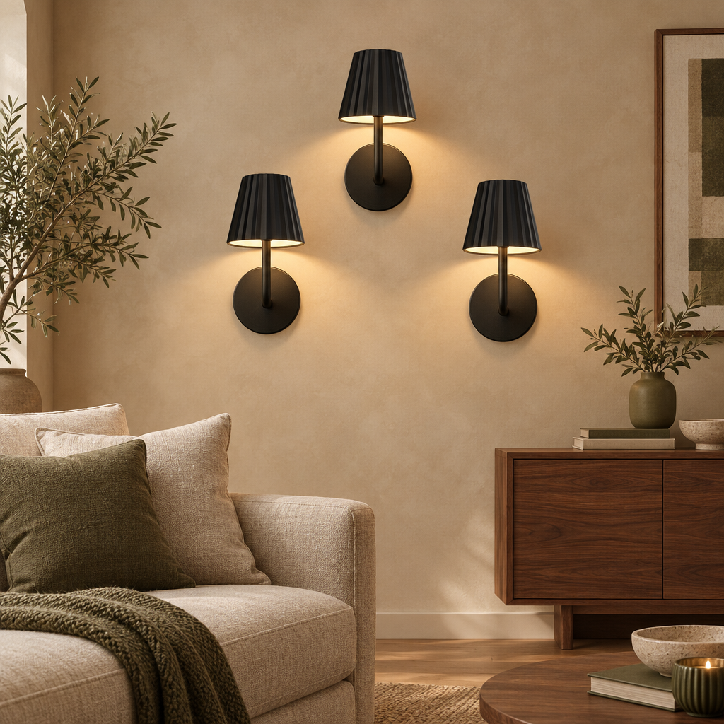 Cordless black pleated-shade wall lights in a warm room
