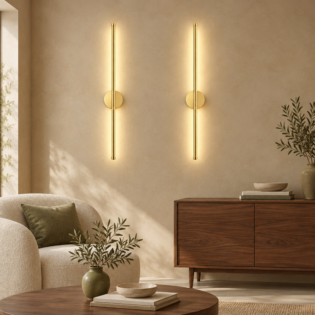 Pair of gold 50 cm cordless linear LED wall lights