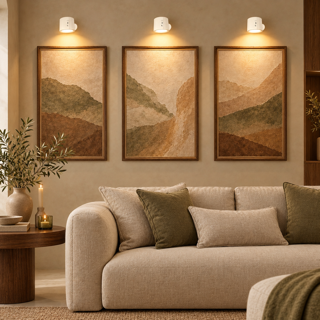 Three white sphere wall lights above framed prints