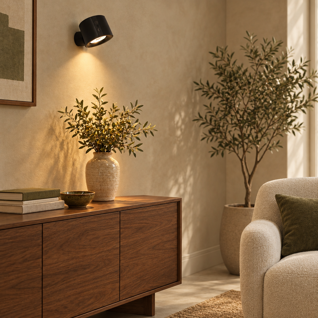 Black sphere wall light above a walnut console