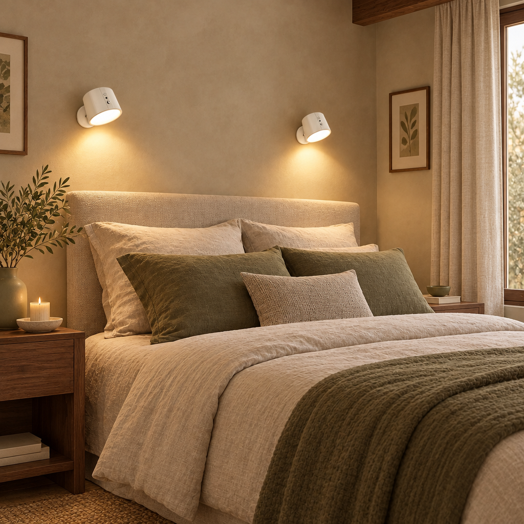 White sphere wall lights either side of a bed
