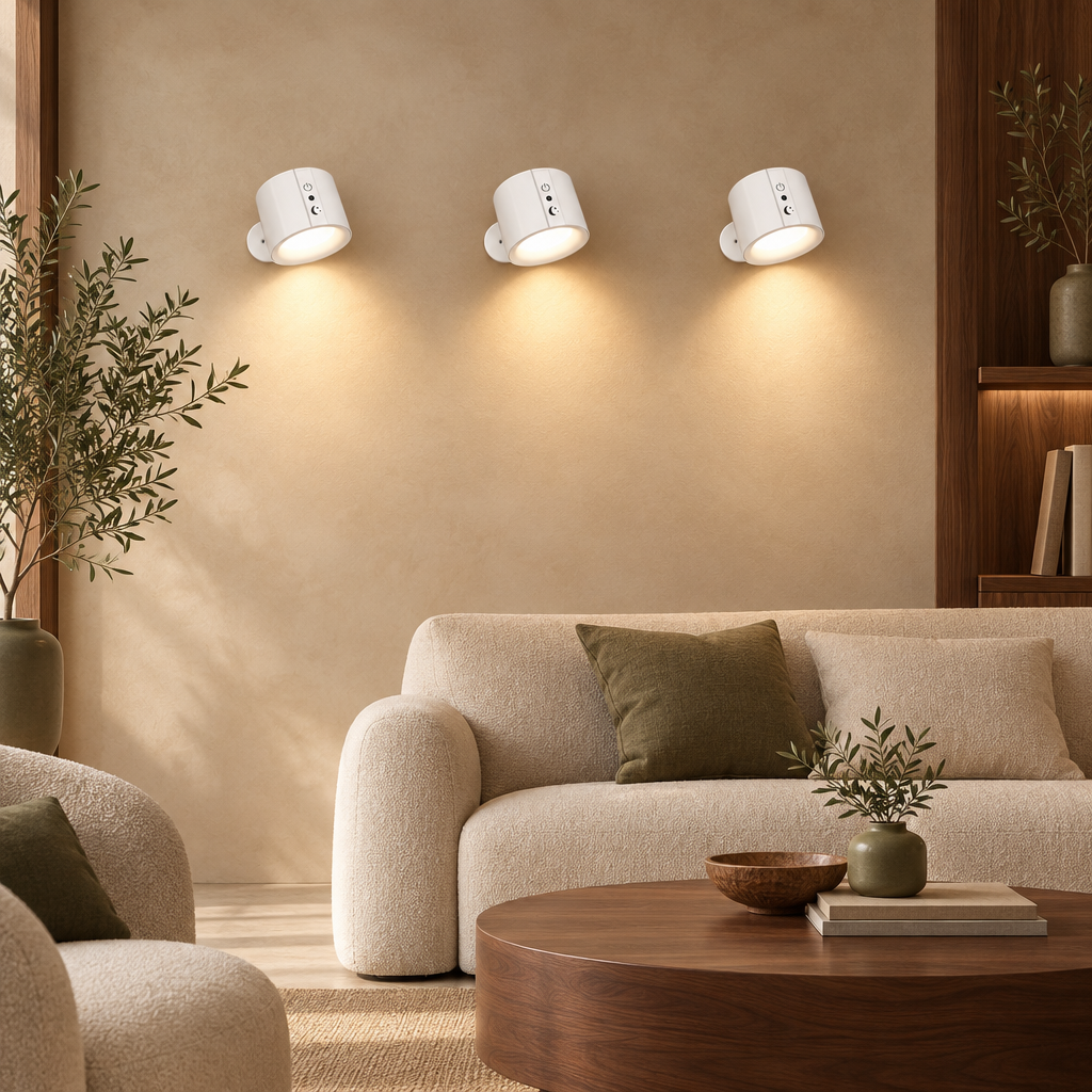 White sphere wall lights in a calm living room