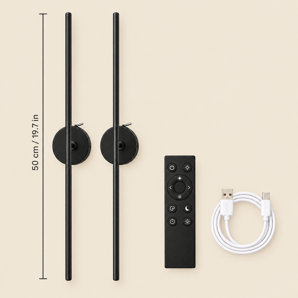 Pair of black 50 cm cordless linear wall lights with remote