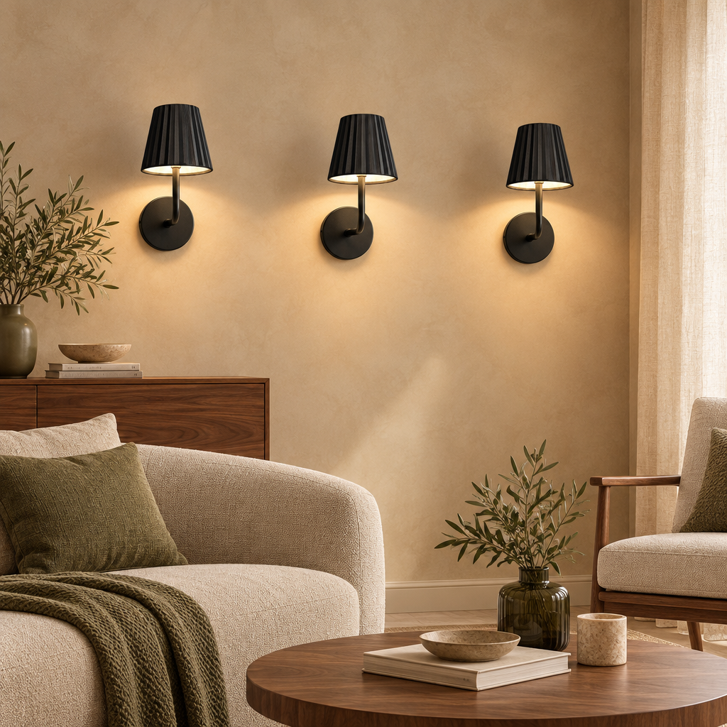 Black pleated-shade wall lights either side of a bed