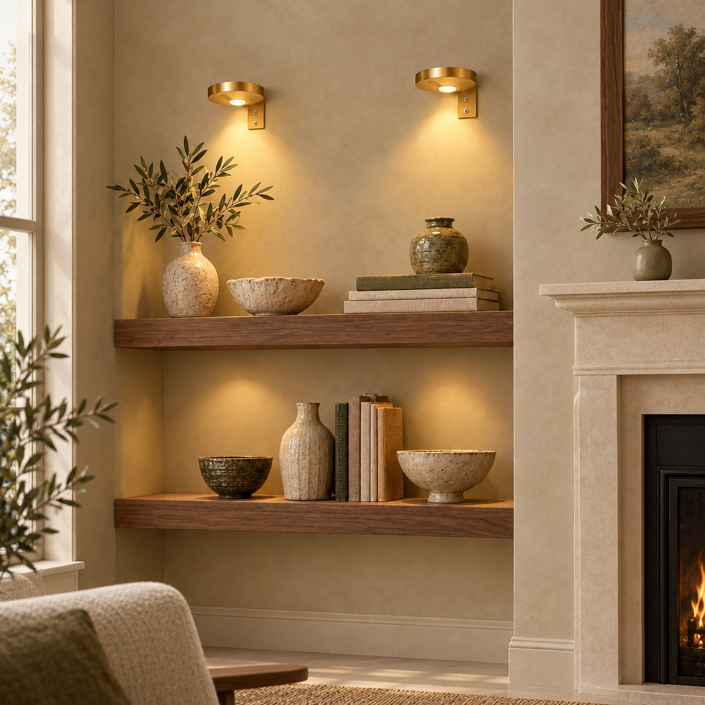 Gold picture lights highlighting ceramics on shelves