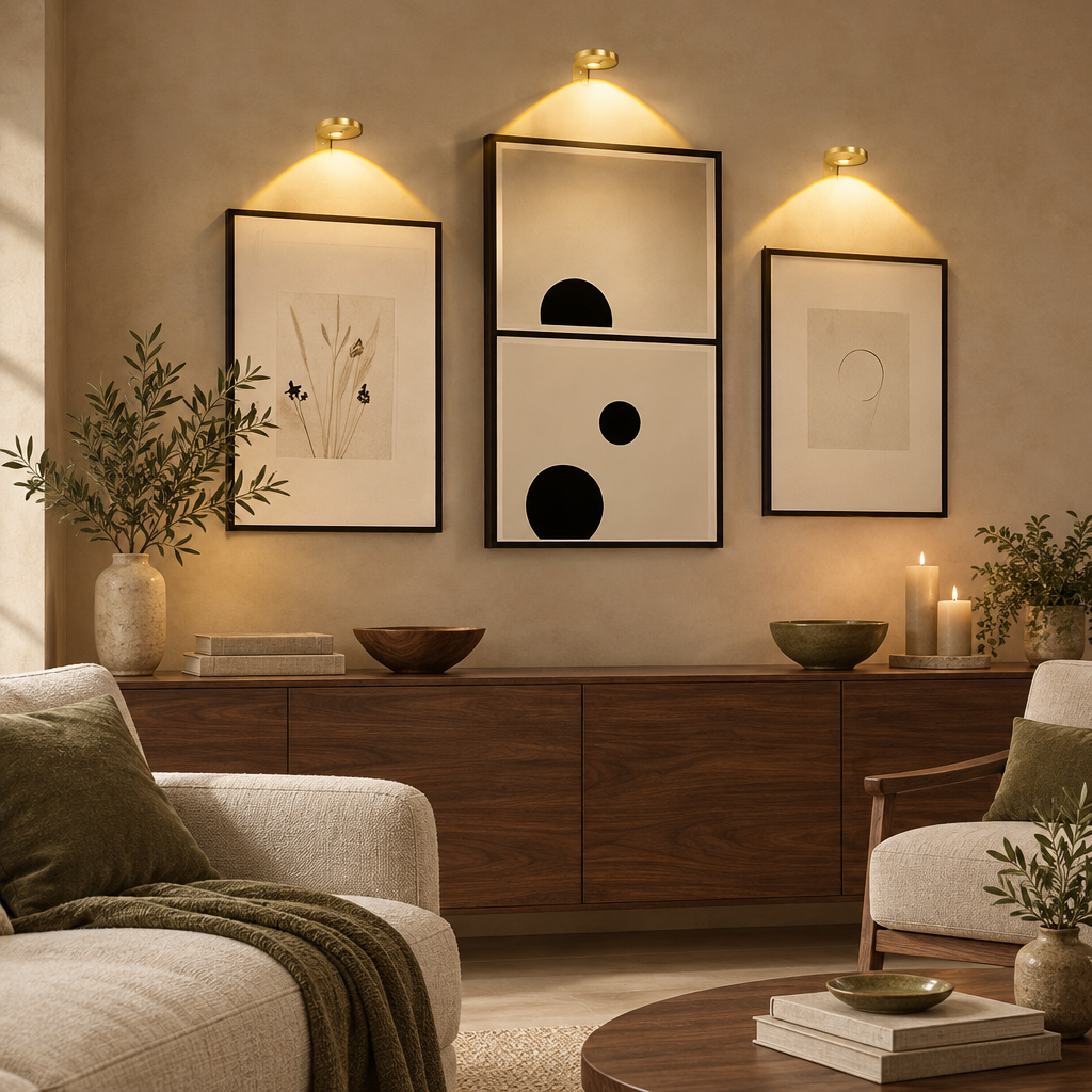 Three gold picture lights above framed prints