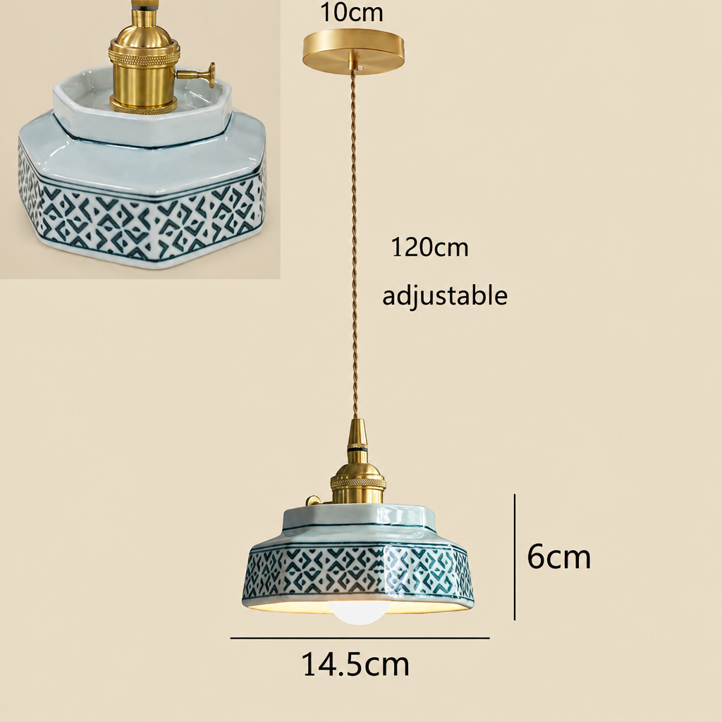 Glazed ceramic pendant light dimensions: 14.5 cm shade width, 6 cm shade height, 120 cm adjustable cord