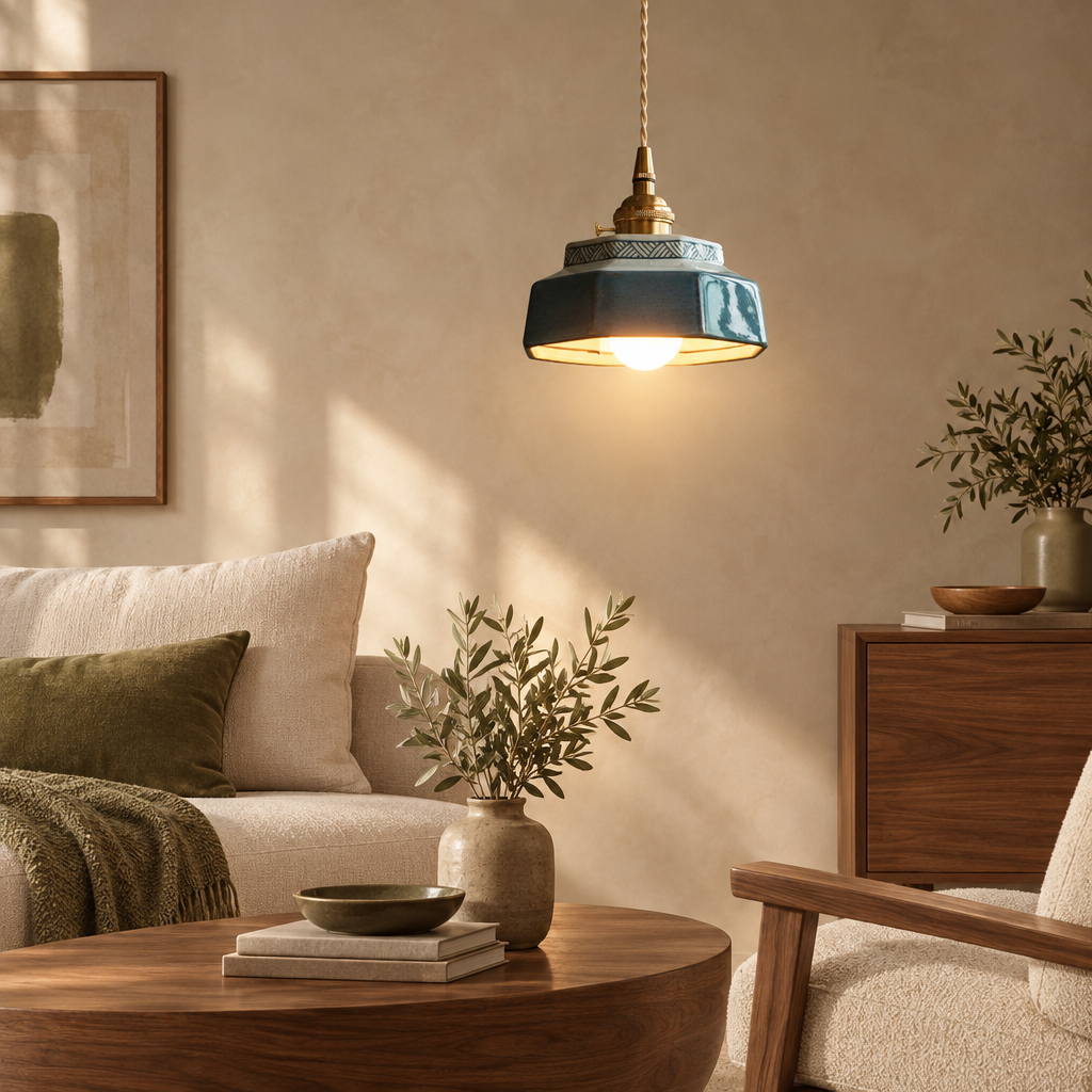 Blue glazed ceramic pendant light in a warm living room