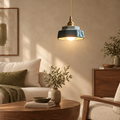 Blue glazed ceramic pendant light in a warm living room