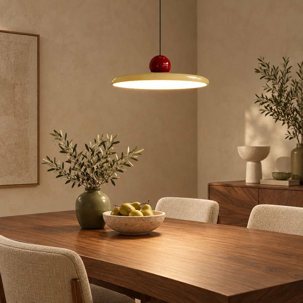 Saucer LED pendant light above a dining table