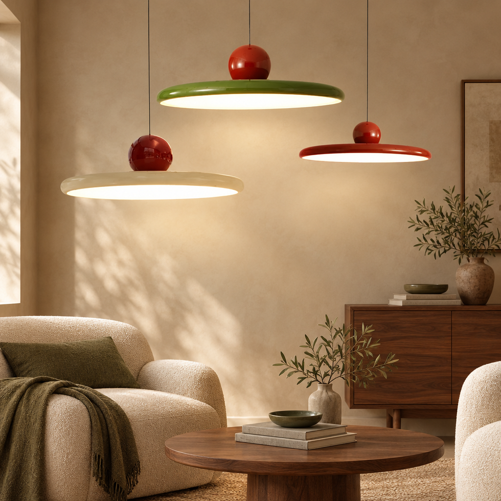 Saucer pendant lights in a warm room