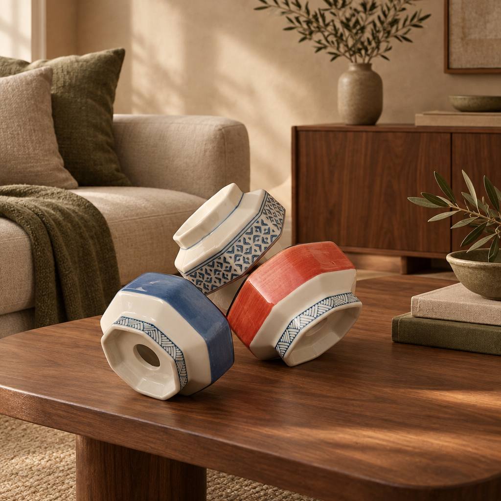 Glazed ceramic shades in blue, patterned white and red on a coffee table