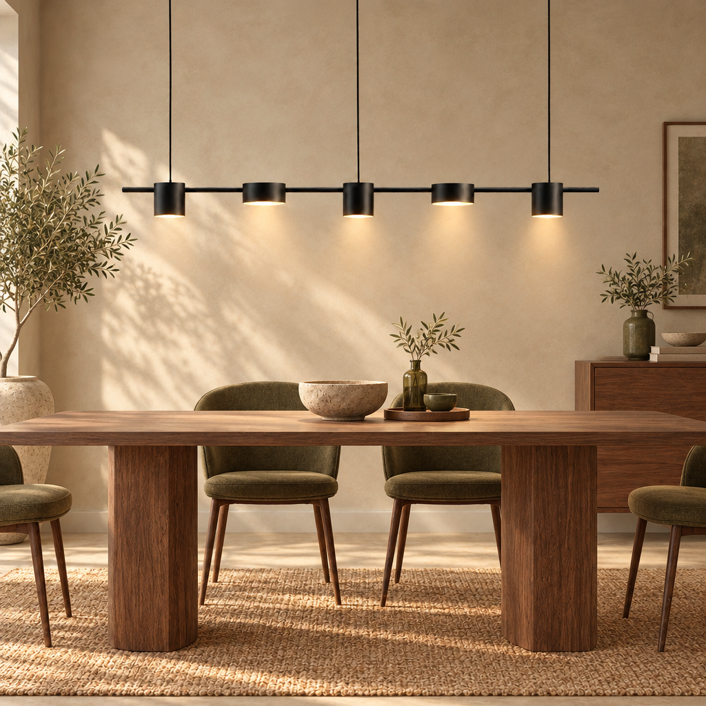 Matte black linear LED spot pendant light above a dining table