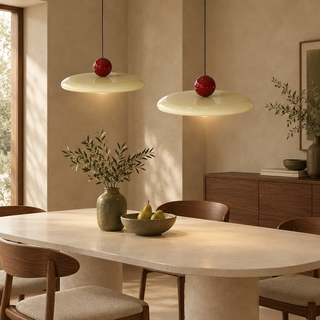 Two cream saucer LED pendant lights with red spheres