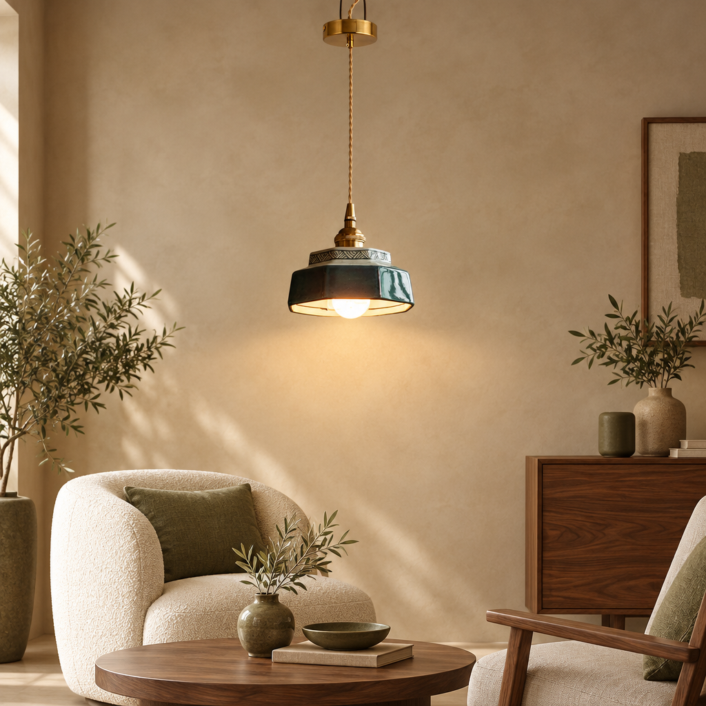 Blue glazed ceramic pendant light glowing above a living room armchair