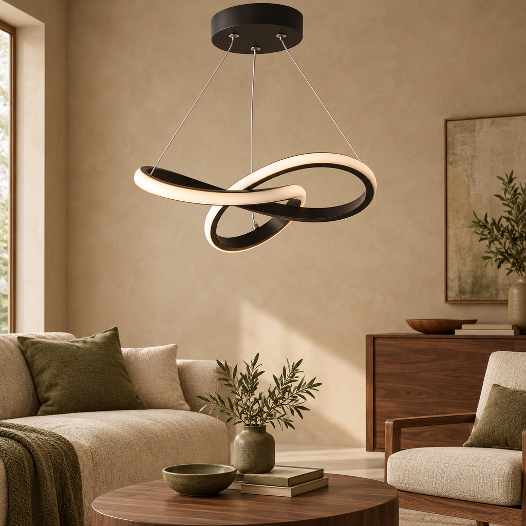 Black twisted ring LED pendant light in a warm room