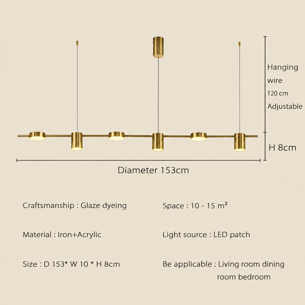 Linear LED spot pendant dimensions – 6 lights, 153 cm rail, hanging wire up to 120 cm