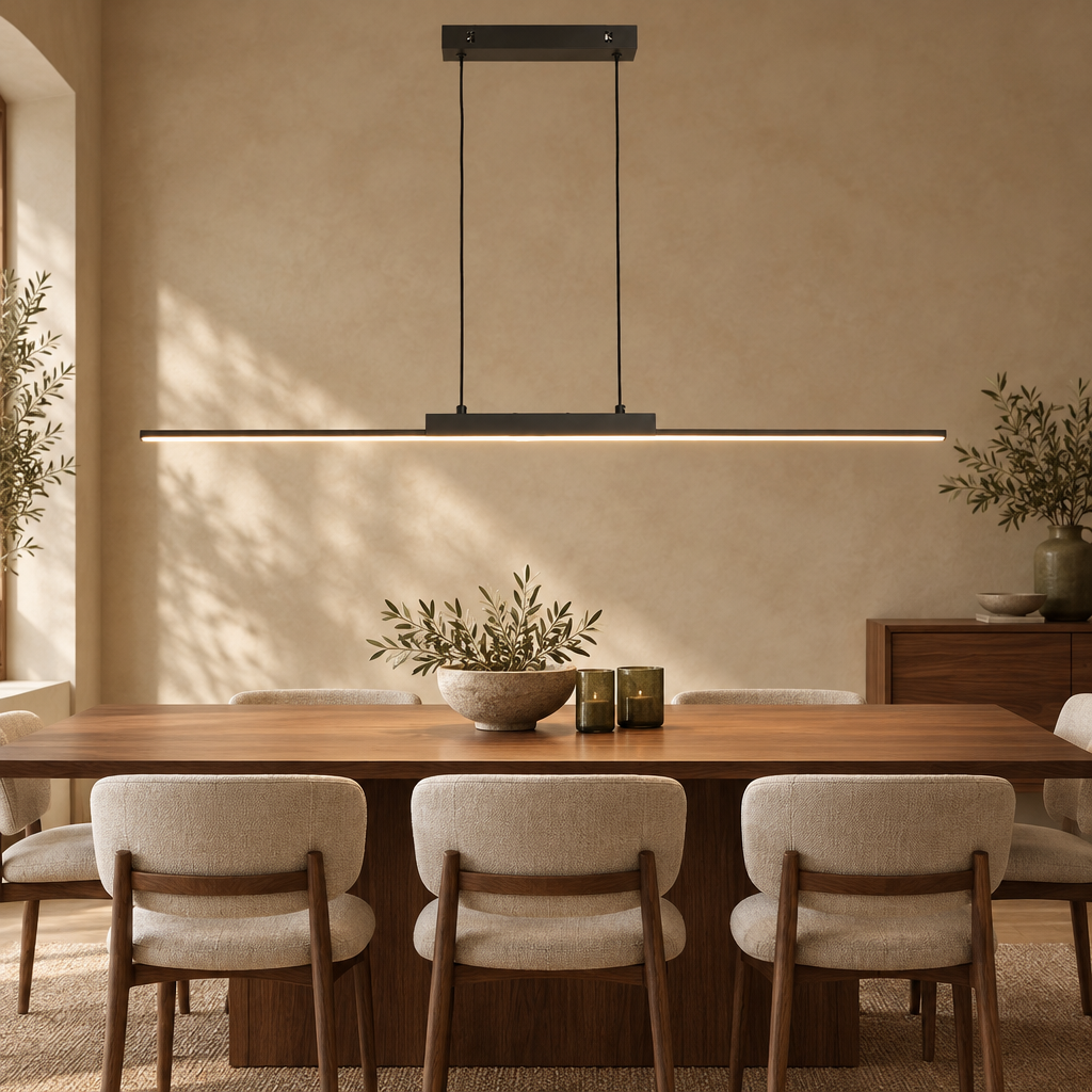 Minimalist black linear LED pendant light above a dining table