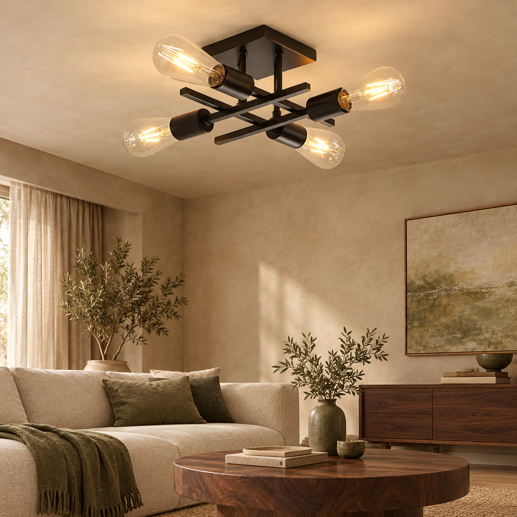 Industrial 4-light ceiling light above a walnut dining table
