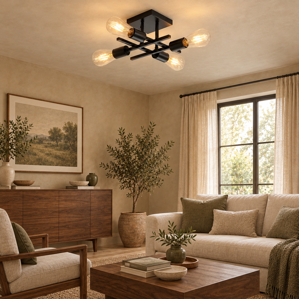 Industrial 4-light ceiling light in a warm living room