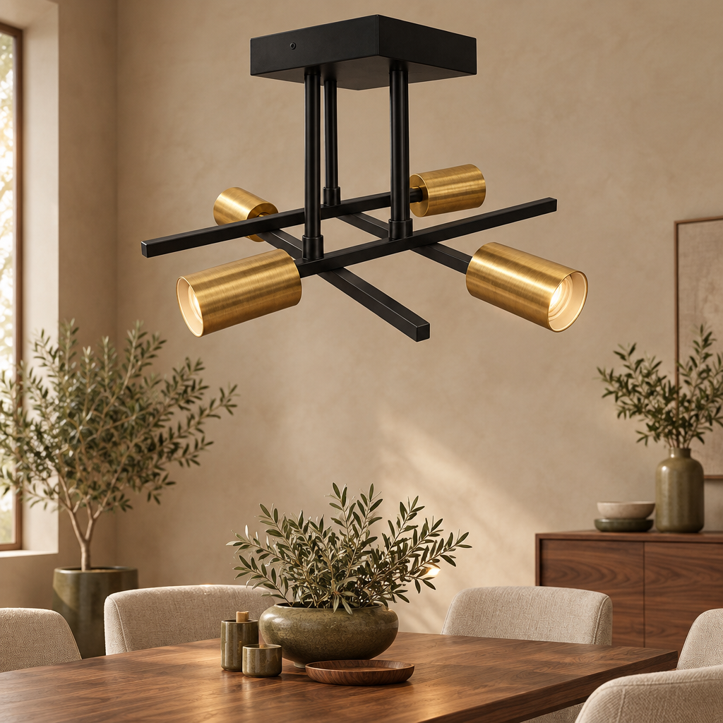 Industrial 4-light ceiling light in black with brass