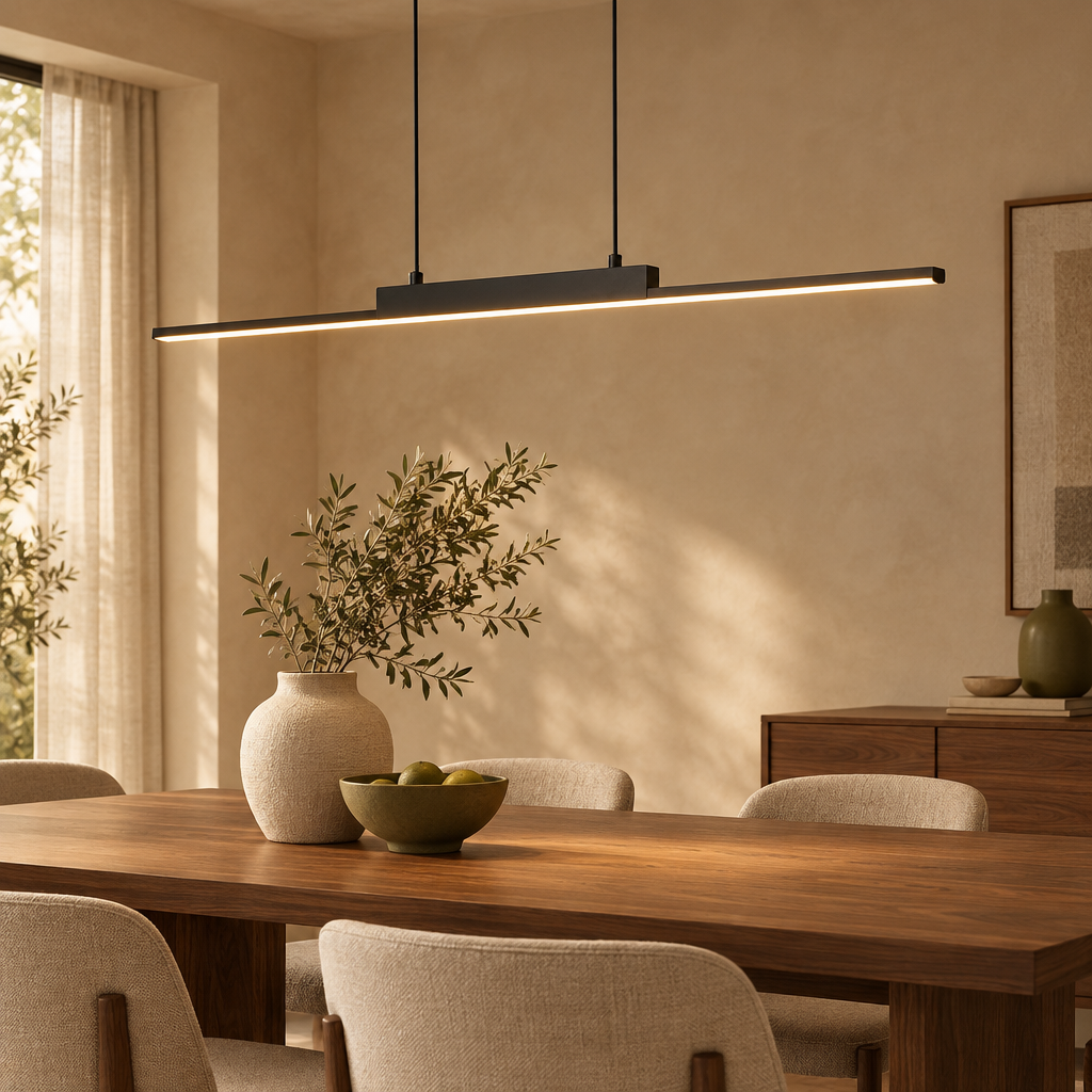Minimalist black linear LED pendant light in a warm room