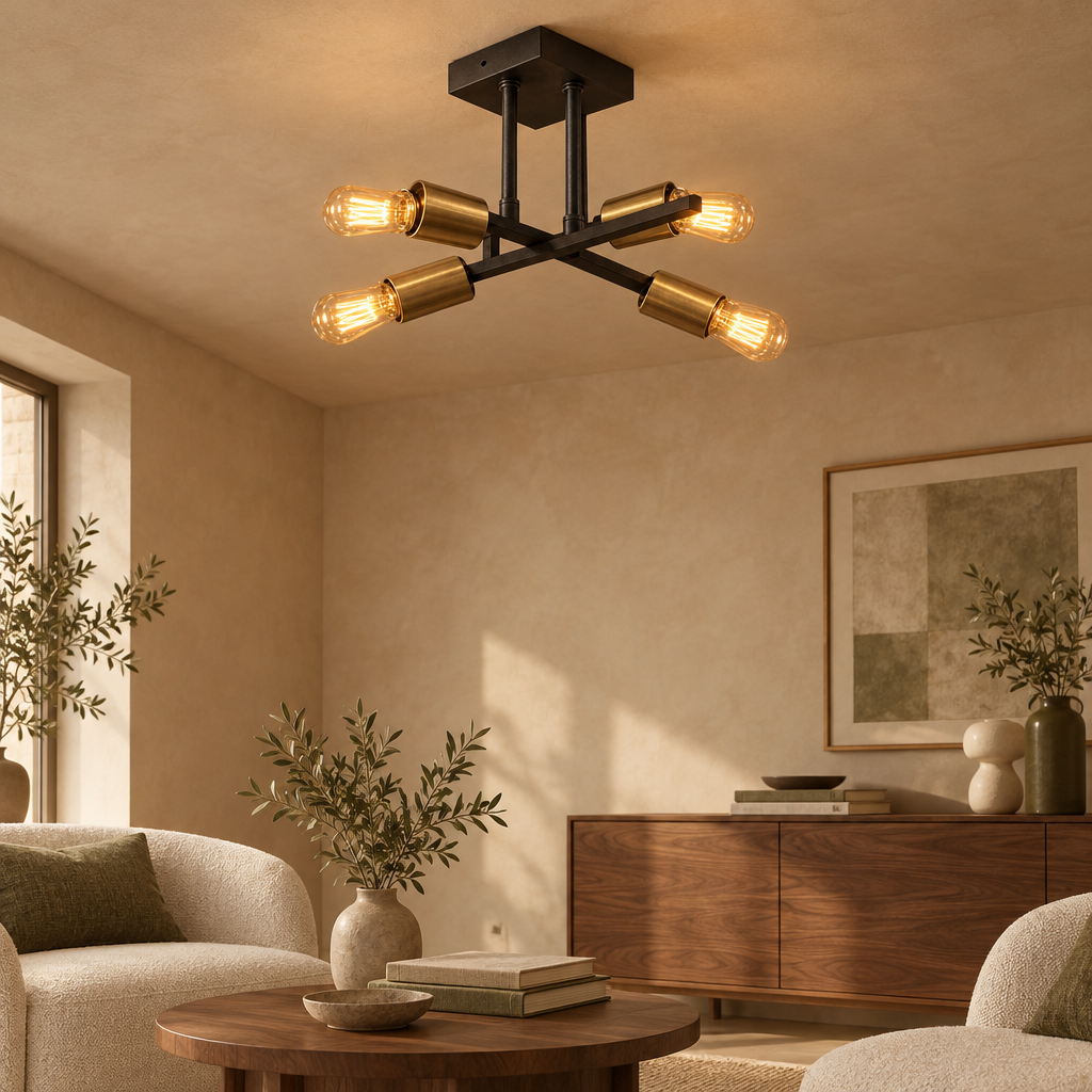 Close-up of the black and brass industrial ceiling light